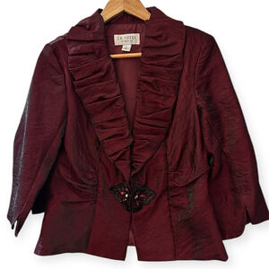 J.R. Nites by Caliendo Women’s Jacket Size 8 Burgundy Ruffle Trim Beaded Evening